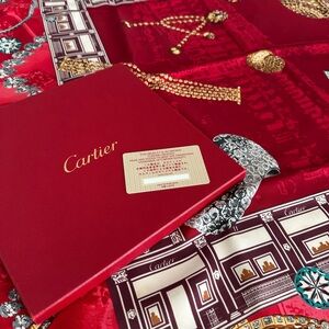 Cartier Red and Gold Jewelry Pattern Silk Scarf